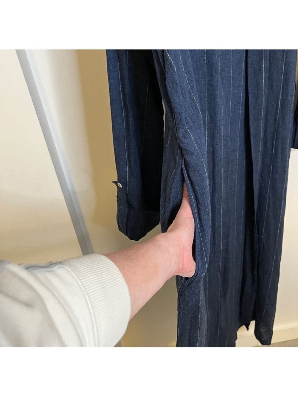 NWT Linen Blend Wrap Maxi Dress Conbipel Navy Pinstripe Italian L/XL - Picture 10 of 15